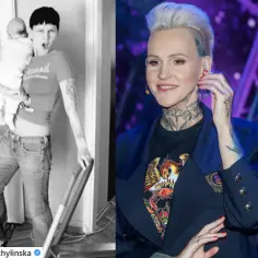 Agnieszka Chylińska z dziećmi, w czerni i bieli, trzyma niemowlę. Obok, w kolorze, wokalistka na scenie.
