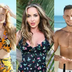 Trzech uczestników Hotel Paradise: blondynka w pomarańczowym stroju, brunetka w kwiecistej sukience i mężczyzna z opaską na ręce.