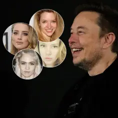 Uśmiechnięty Elon Musk na czarnym tle, obok niego w okręgach twarze kobiet, które mogłyby być matkami jego dzieci.
