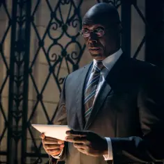 Winston z obsady John Wick, w garniturze i okularach, trzyma tablet.